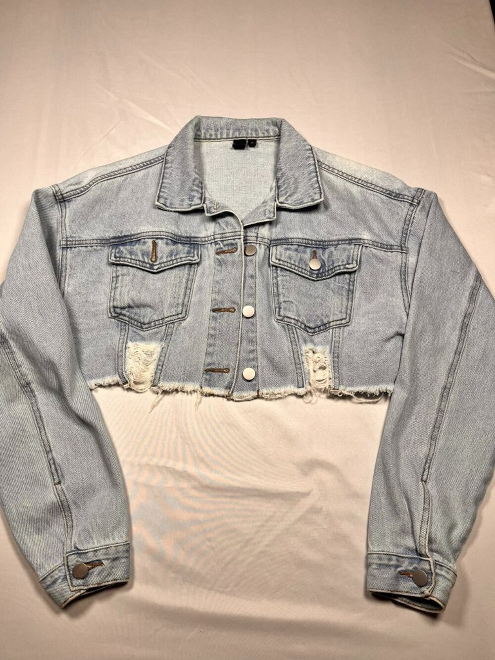 SHEIN SXY Light Wash Cropped Denim Jacket M Distressed Raw Hem Jean Coat Y2K